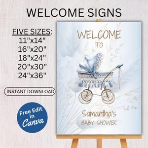 EDITABLE Baby Shower Welcome Sign Template Printable Boy Blue Carriage Poster Minimalist Classic Stroller Party Decor Instant Download BS106