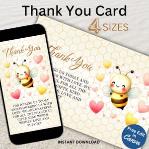 EDITABLE Thank You Cards Template, Printable Honey Bee Baby Shower, Mobile Birthday Sweet Bumble Bee Colorful Hearts, Instant Download BS105