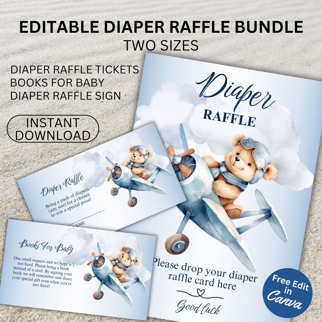 EDITABLE Diaper Raffle Blue Airplane Insert Tickets & Sign Bundle ...