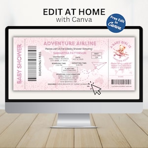 May include: Pink baby shower invitation designed as a boarding pass. Features text "Adventure Airline" and "Baby Girl is Landing Soon". Includes details for Samantha Patterson's baby shower, date, time, and RSVP information.