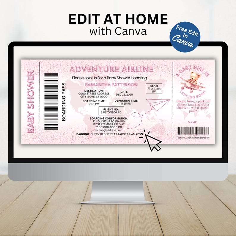 May include: Pink baby shower invitation designed as a boarding pass. Features text "Adventure Airline" and "Baby Girl is Landing Soon". Includes details for Samantha Patterson's baby shower, date, time, and RSVP information.