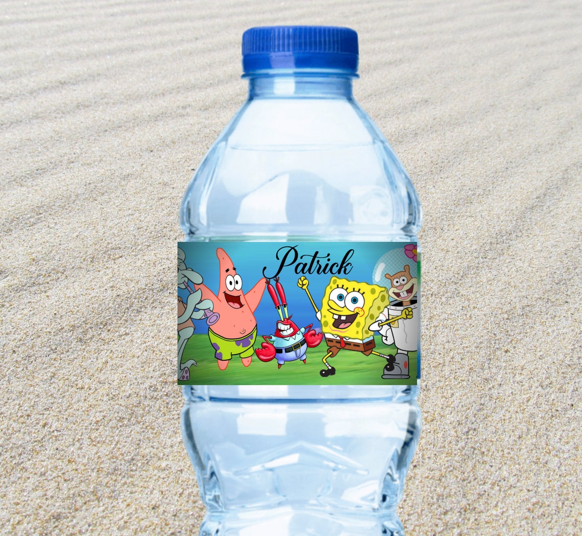 Spongebob Water Bottle Spongebob Stickers Spongebob Label Etsy