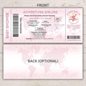 May include: Pink baby shower invitation designed as a boarding pass. The front features text including "Adventure Airline", "Baby Girl is Landing Soon", and event details. The back of the invitation has a world map design. Includes a barcode and a space for a name.