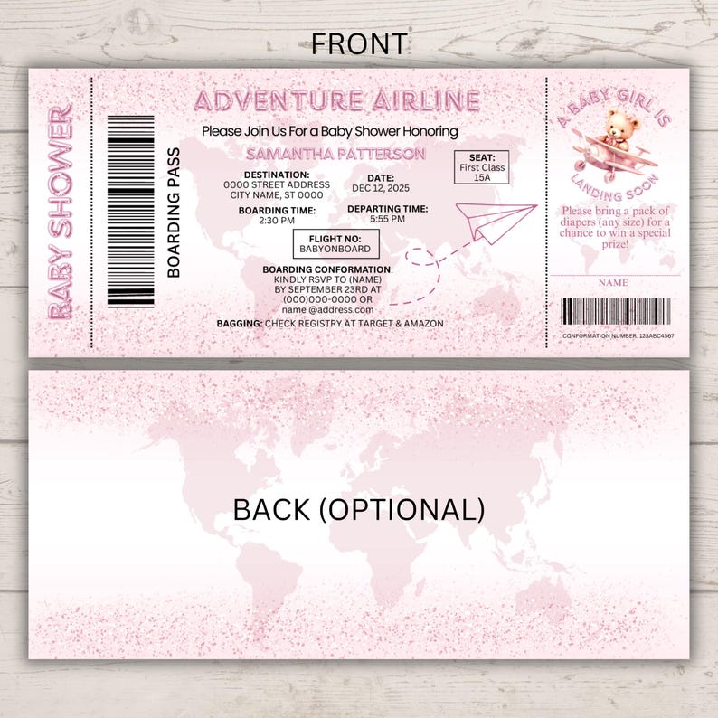 May include: Pink baby shower invitation designed as a boarding pass. The front features text including "Adventure Airline", "Baby Girl is Landing Soon", and event details. The back of the invitation has a world map design. Includes a barcode and a space for a name.