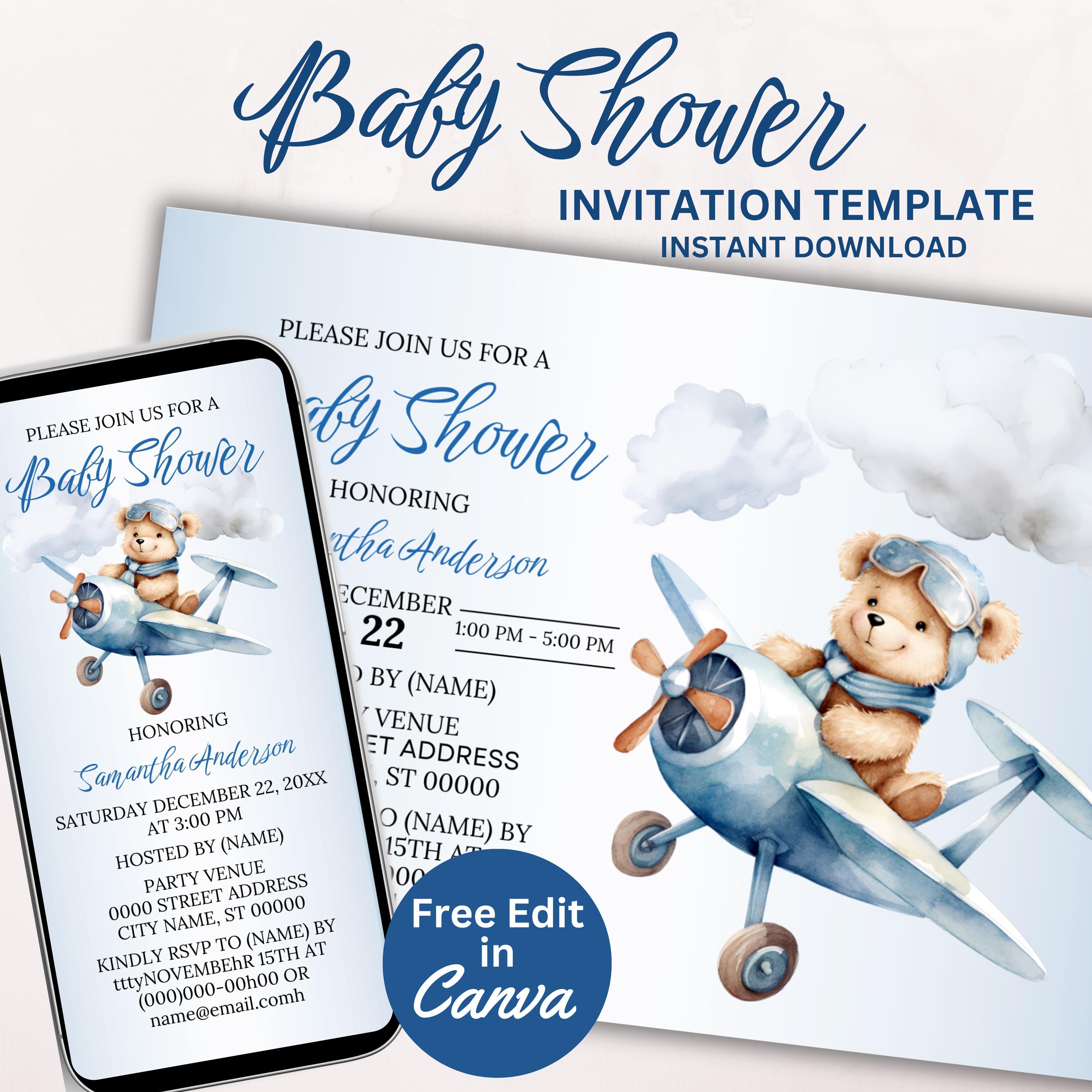 Editable Boy Baby Shower Invitation Template Printable Teddy Bear Pilot Blue Airplane Minimalist Mobile Invitation Instant Download BS101