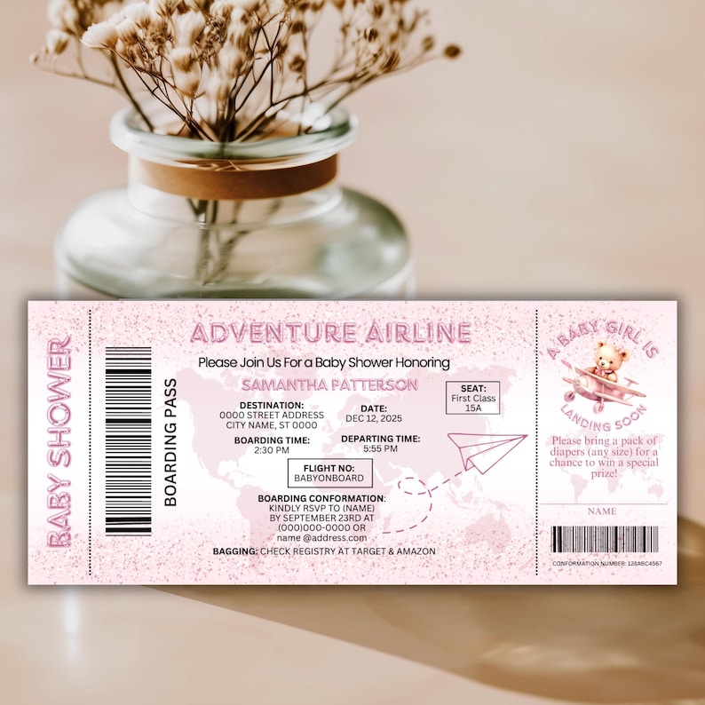 May include: A pink baby shower invitation designed as a boarding pass from Adventure Airline. The invitation includes details for Samantha Patterson's baby shower, with a teddy bear graphic and the text "Baby Girl is Landing Soon."