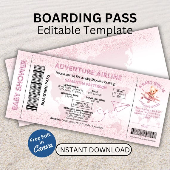 Editable Boarding Pass Template Printable Baby Shower Invitation Diaper Raffle Ticket Travel Trip Voucher Certificate Digital Download BS104
