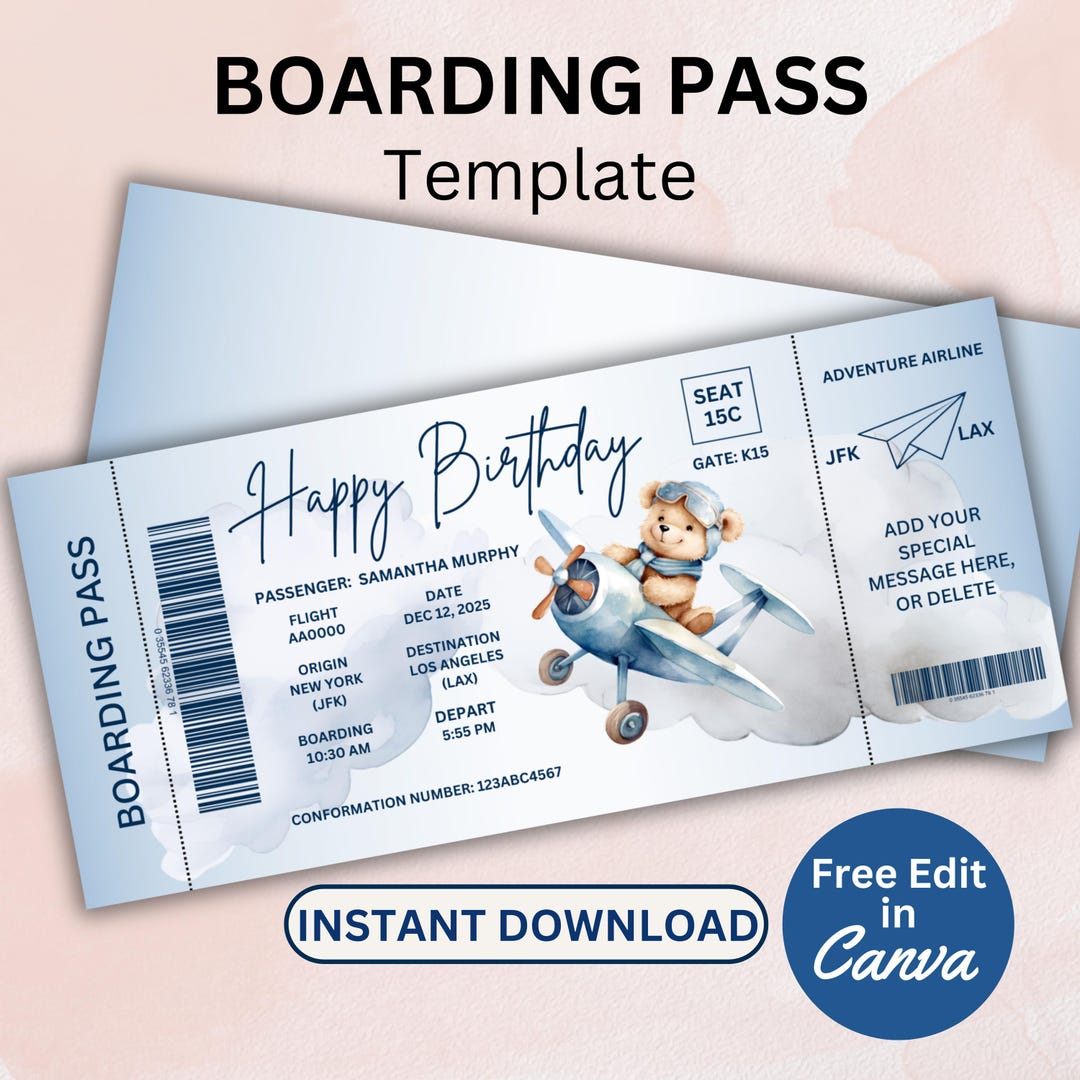 Boding Card Editable Boarding Pass Canva Template, Printable Airline Ticket ...