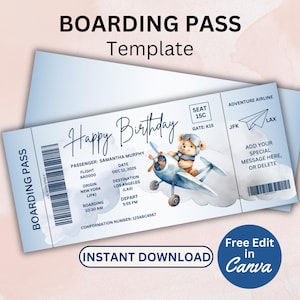 Bearbeitbare Bordkarte Canva Vorlage, druckbare Flugticket, Bordkarte Überraschungsreise, DIY Bordkarte, digitaler Download BS101