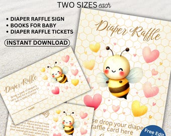 EDITABLE Diaper Raffle Tickets & Sign Template, Printable Baby Shower Honey Bee Party Games, Custom Insert Fun Cards, Instant Download BS105