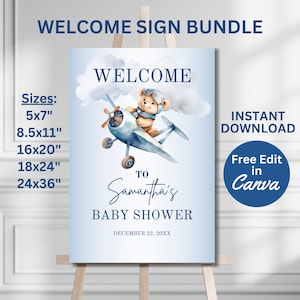 Modello modificabile per cartello di benvenuto per baby shower con aeroplano blu, poster stampabile per orsacchiotto e pilota, decorazioni per feste, download immediato BS101