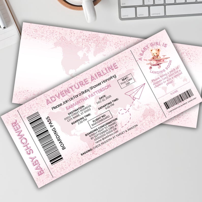 May include: Pink baby shower invitation designed as an airline boarding pass. The invitation includes text such as "Adventure Airline" and "Baby Girl is Landing Soon." The invitation features a world map design and a teddy bear illustration.