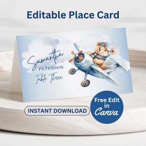 EDITABLE Place Card Baby Shower Template Printable Blue Airplane Birthday Tent Sign Boy Teddy Bear Pilot Party Label Instant Download BS101