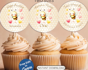EDITABLE Cupcake Toppers Template Printable Baby Shower Party Favor Gift Sign Custom Honey Bee Birthday Label Decor, Instant Download BS105