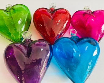 1 Beautiful medium heart, 7.2" blown glass. glass heart, BLOWN GLASS made in Mexico, Wholesale too, ask for it!!!