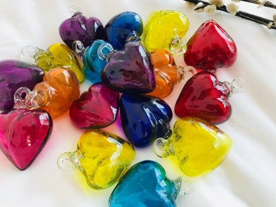 6 Beautiful Blown Glass Hearts. 3.5 Glass Heart, BLOWN GLASS Made