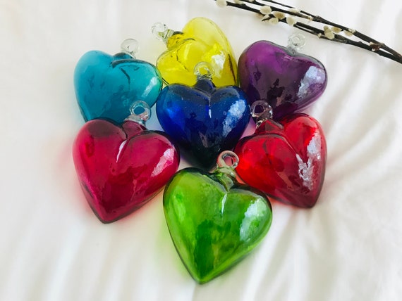 5 Beautiful Blown Glass Hearts. Glass Heart, BLOWN Glass Made in
