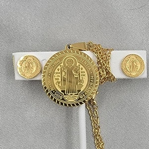 Catholic Necklace earring, Saint Benedict Earrings, Gift for catholic women, Stainless steel Gold, Religious necklace, Protection Necklace,