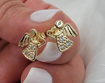 Angel Earrings, Guardian Angel Stud, Peace dove stud earring, Dainty Holy spirit stud, Gold Holy Spirit, Gift for kids, Baptism Gift for her