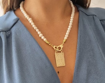 Freshwater Pearl Necklace with a Gold St. Benedict Pendant, White beads pearl necklace, Dainty paper Clip Necklace for mothers day, Gift