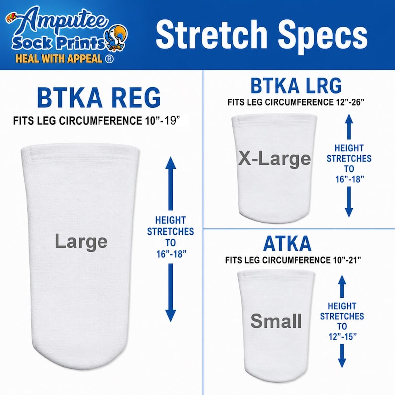 May include: A white amputee sock size chart titled Stretch Specs. It displays three sock sizes: BTKA REG fits 10-19 inch circumference and 16-18 inch height, BTKA LRG fits 12-26 inch circumference and 16-18 inch height, and ATKA fits 10-21 inch circumference and 12-15 inch height.