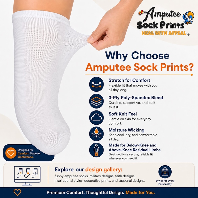 May include: A white prosthetic sock made of a 3-ply poly-spandex blend. The image features text titled Why Choose Amputee Sock Prints? highlighting features like stretch for comfort, moisture wicking, and a soft knit feel for below and above-knee limbs.