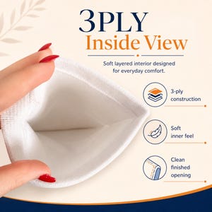 May include: A white 3-ply fabric item with an open interior. Text reads: 3PLY Inside View, Soft layered interior designed for everyday comfort, 3-ply construction, Soft inner feel, and Clean finished opening. Icons show layers, a feather, and a seam.