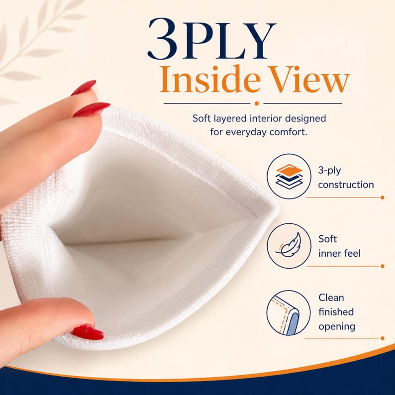 May include: A white 3-ply fabric item with an open interior. Text reads: 3PLY Inside View, Soft layered interior designed for everyday comfort, 3-ply construction, Soft inner feel, and Clean finished opening. Icons show layers, a feather, and a seam.