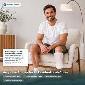 May include: A white amputee stump sock worn on a residual limb, designed for below-the-knee and above-the-knee use. The product is a soft knit, breathable cover intended for daily comfort and protection, and is machine washable with a 3-ply construction.