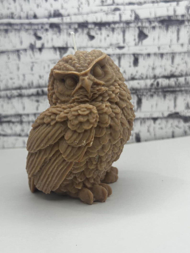 May include: A brown owl-shaped candle with detailed feathers and a white wick.