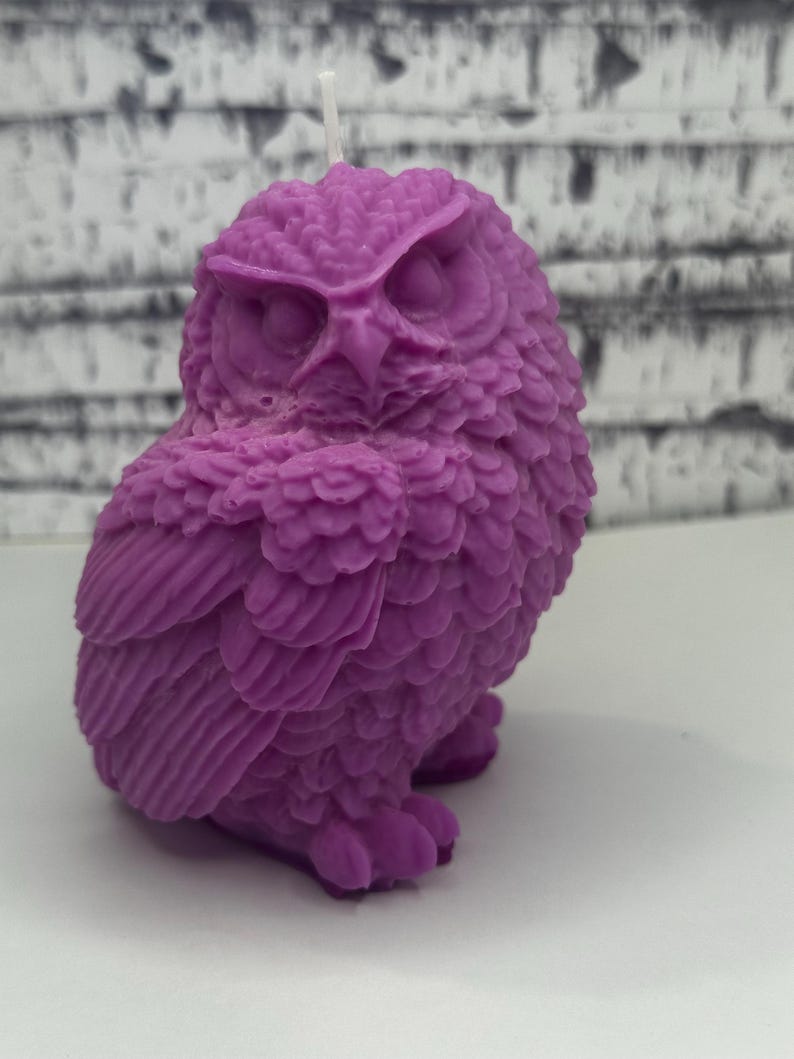 May include: Purple owl-shaped candle with detailed feathers and a white wick.