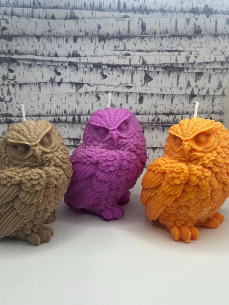 May include: Three owl-shaped candles in brown, purple, and orange. The candles are detailed with feathers and have a realistic owl design.