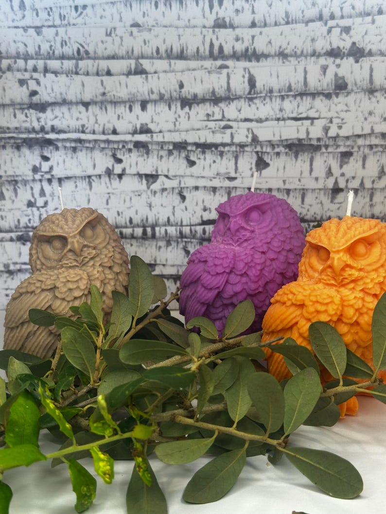 May include: Three owl-shaped candles, one brown, one purple, and one orange, are arranged on a bed of green leaves. The candles are detailed with feathers and have a realistic owl design.
