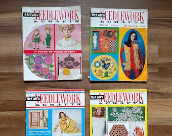 Vintage handwerktijdschrift jaren 1970 – borduurwerk, haken, retro doe-het-zelfpatronen (set van 4)