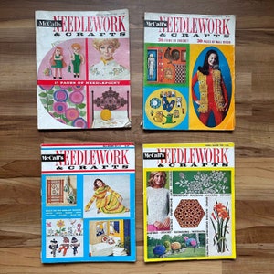 1970s Vintage Needlework & Crafts Magazine – Embroidery, Crochet, Retro DIY Patterns (Set of 4)