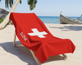 Switzerland Flag Beach Towel | Personalized Name on the flag, Switzerland Flag towel, Flag of Switzerland, Switzerland Flag beach towel