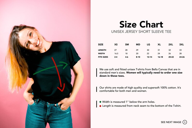 May include: Size chart for a unisex short sleeve jersey tee. The chart shows the length and width of the shirt in inches, as well as the corresponding men's sizes. The chart also includes information about the fabric and fit of the shirt.