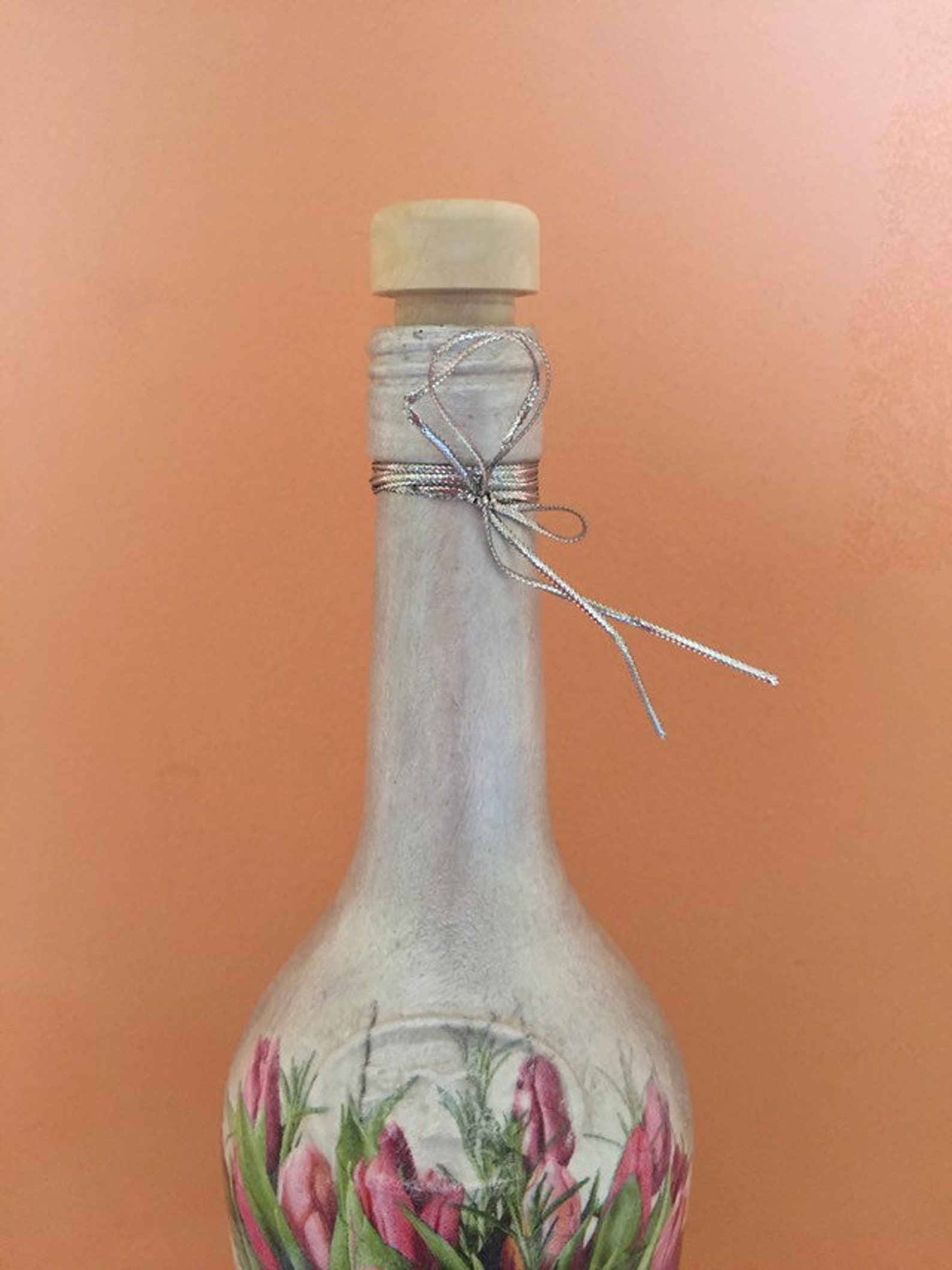 Netherlands Tulips With Decoupage Bottle Decorated Bottle Hand Painted