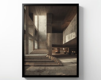 Póster de papel mate premium: arquitectura brutalista, fotografía de los años 60, interiores de hormigón, arte mural.