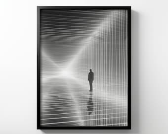 May include: A black and white photograph of a person standing in a room with a grid pattern on the walls and floor.