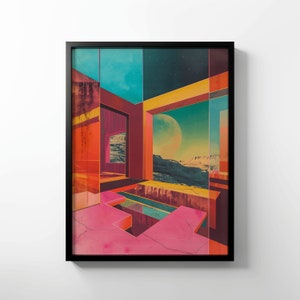 Op de afbeelding: Abstracte kunstprint met een geometrische compositie in roze, oranje, gele en blauwe tinten. Het kunstwerk toont een kamer met een raam dat uitkijkt op een landschap met een grote maan.