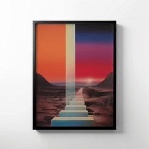 May include: A framed digital art print depicting a surreal landscape with a staircase leading up to a bright light. The sky is a gradient of orange, pink, and purple, and the ground is a dark brown.