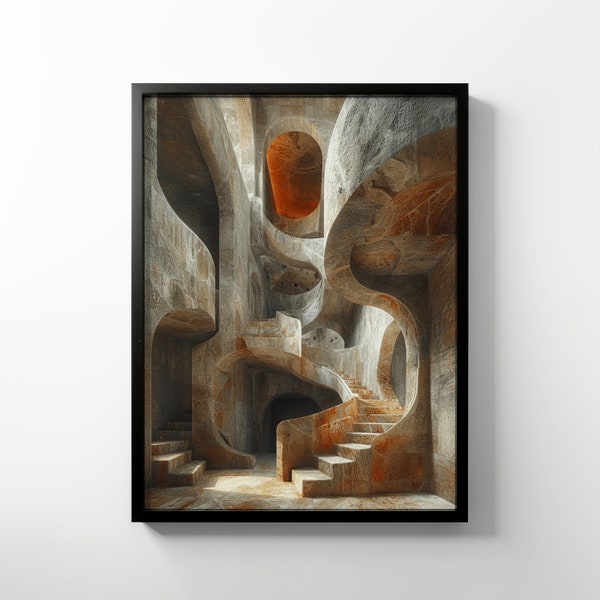 Premium Matte Paper Poster - Labyrinthic Architecture, M. C. Escher Style, Surreal Wall Art, Earthy Tones, Unique Print