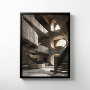 Póster de papel mate premium: arquitectura brutalista, fotografía de los años 60, arte de pared, impresión moderna, diseño único, interior de hormigón