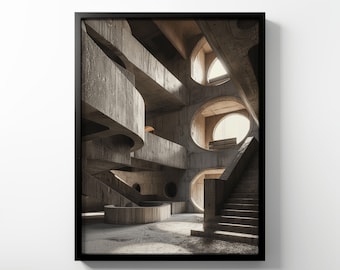 Póster de papel mate premium: arquitectura brutalista, fotografía de los años 60, arte mural, impresión moderna, diseño único, interior de hormigón