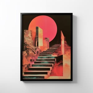 May include: A digital art print depicting a set of stairs ascending towards a large, pink, luminous orb in a dark, abstract landscape. The stairs are constructed from black and teal blocks, and the orb is encircled by geometric shapes.