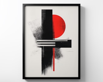 May include: Abstract art print with black and white brushstrokes and a red circle. The print is framed in a black frame.