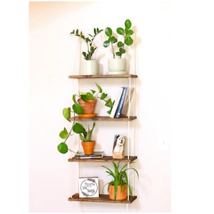 Tiered Wandregal | 4-stöckiges Pflanzenregal | Fensterregal | Blumenampel | Schwebende Regale | Boho Blumenampel | Seil Regale
