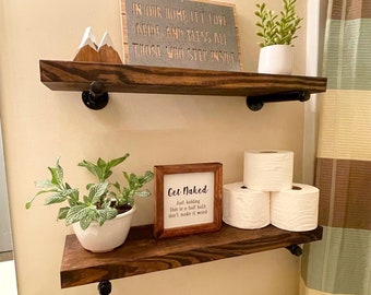 Bathroom Floating Shelf | Farmhouse Shelf | Rustic Wood Shelves | Industrial Pipe Shelf | Kitchen Shelf | Solid Wood Shelf