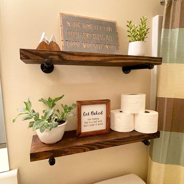 Bathroom Floating Shelf | Farmhouse Shelf | Rustic Wood Shelves | Industrial Pipe Shelf | Kitchen Shelf | Solid Wood Shelf